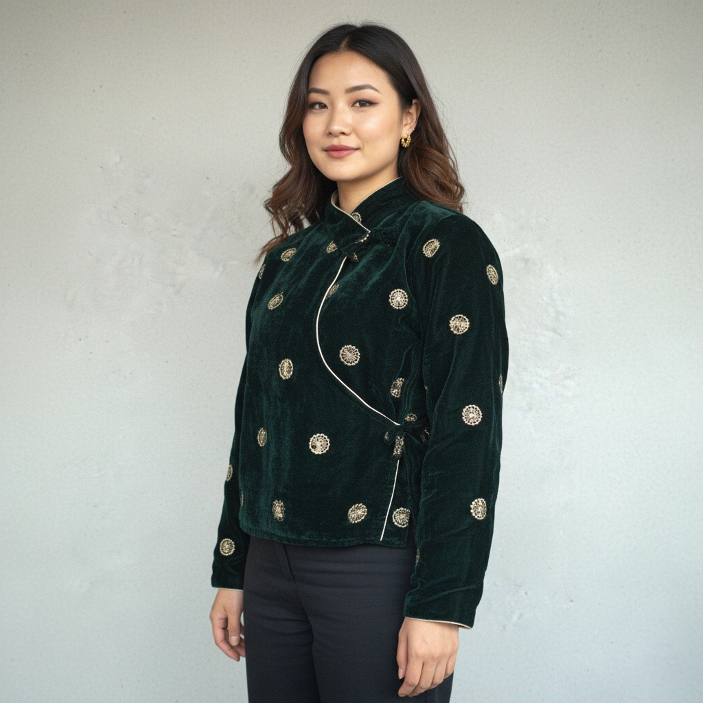 Girl in green velvet chaubandi cholo with scattered gold motifs Girl in green velvet chaubandi cholo with scattered gold motifs