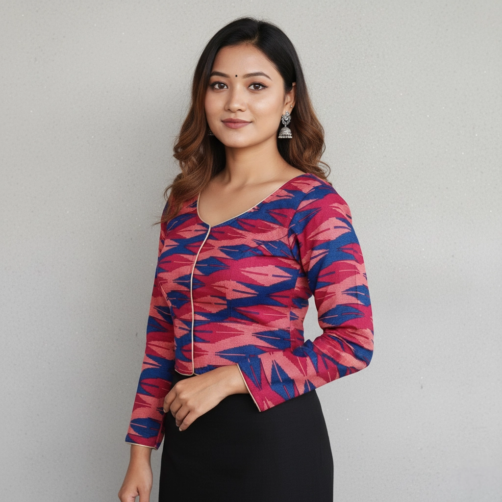 Girl wearing Subba Limbu cotton blouse in pink and blue Girl wearing Subba Limbu cotton blouse