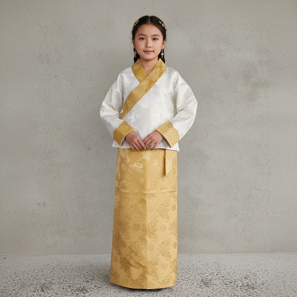 Kid wearing ivory bakhu with gold border and skirt