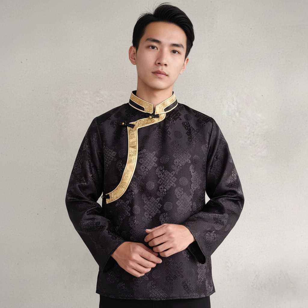 Man wearing Black jacquard Khenja with gold Tash Kuchin border