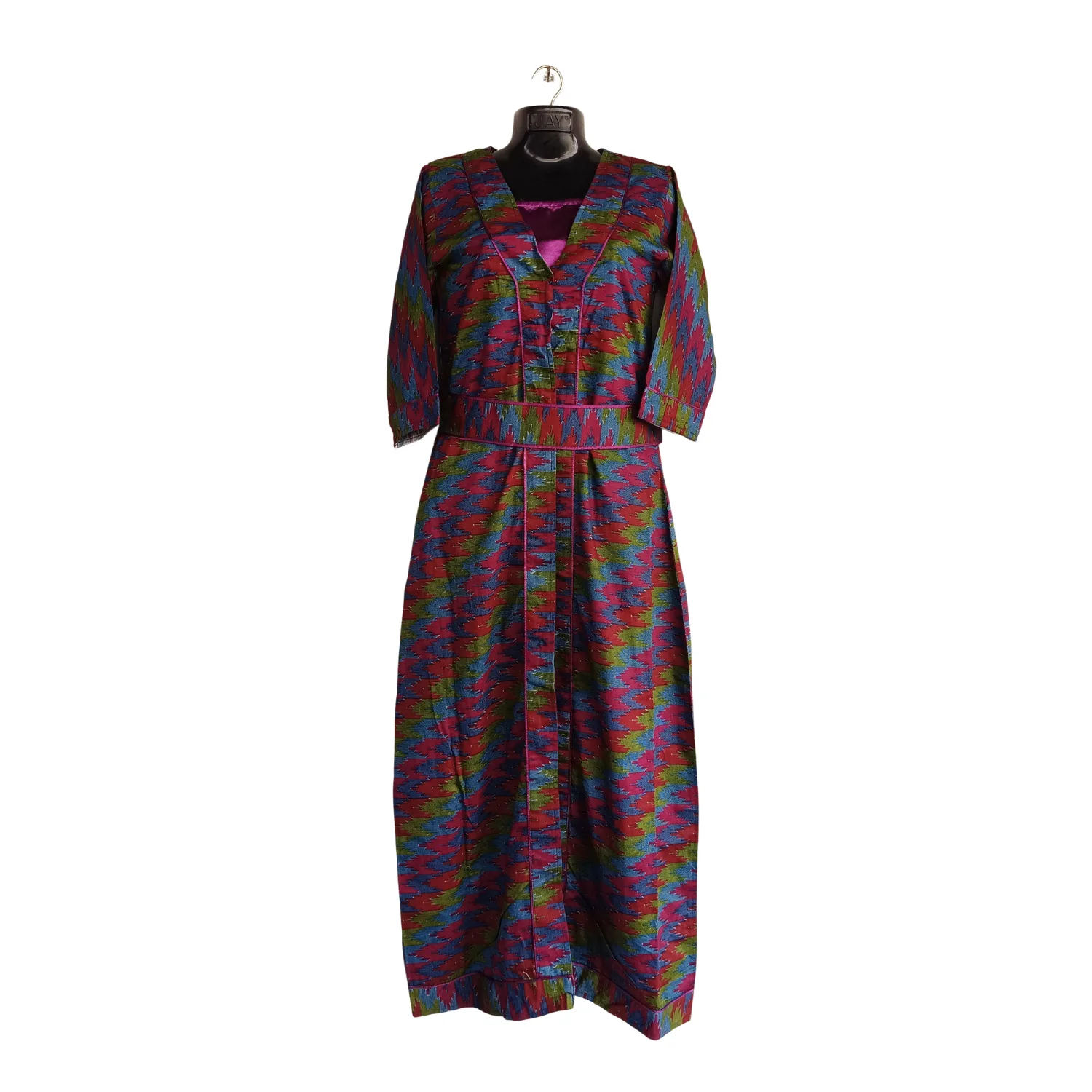 Multicolour ikat Subba gown with Magenta inner – front view