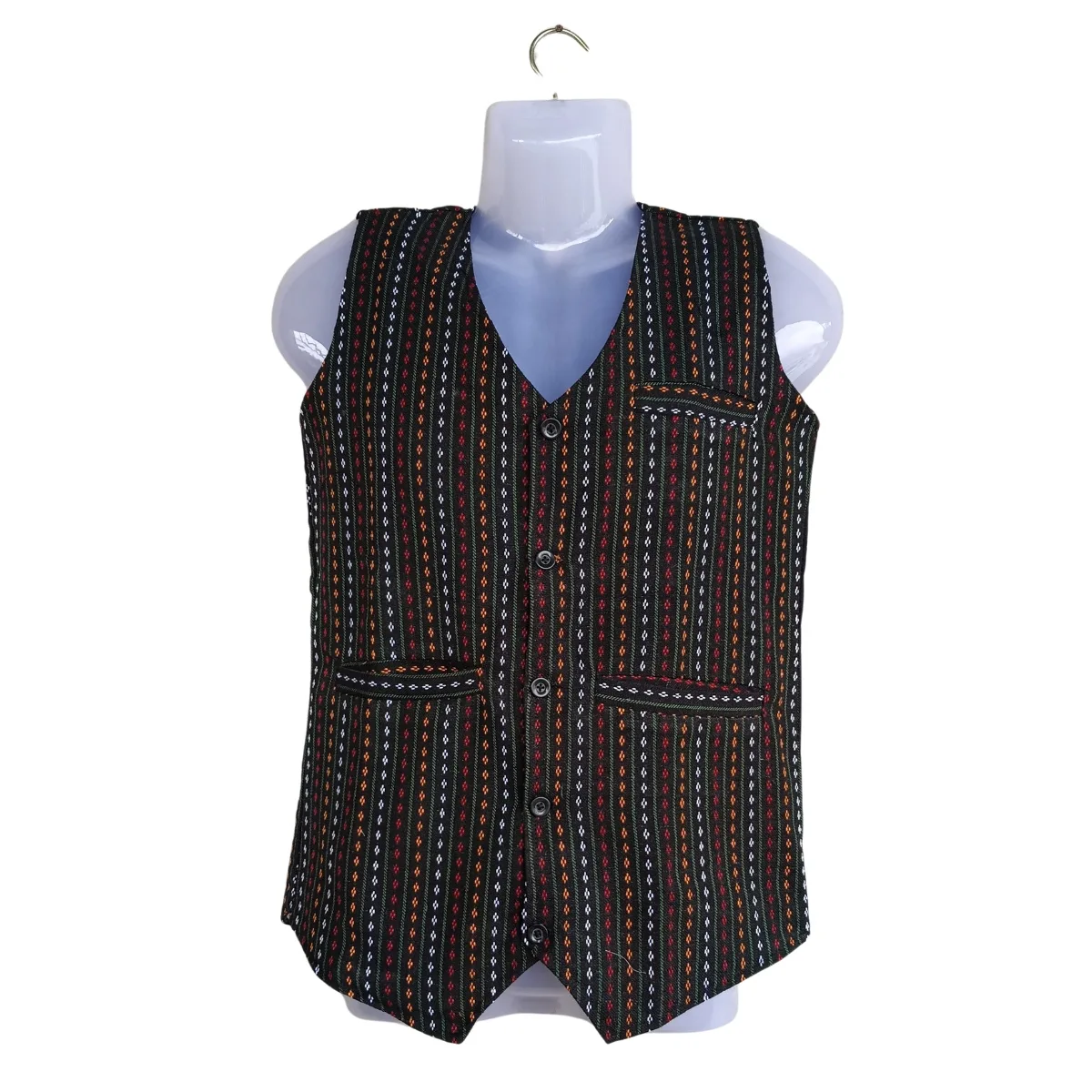 Newari men’s black striped waistcoat with V-neck and pockets – front view
