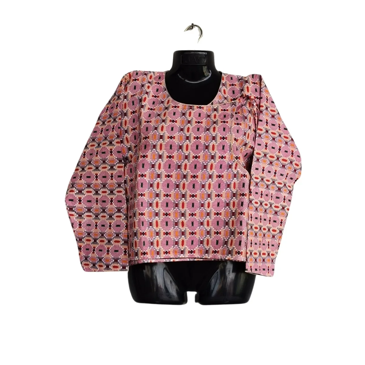 Pink geometric Urbandi cotton blouse with round neck – front view