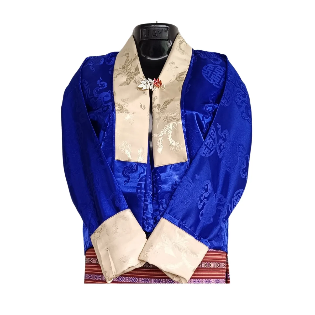 Royal blue jacquard Tego with beige collar and cuffs – front Royal blue jacquard Tego with beige collar and cuffs – front