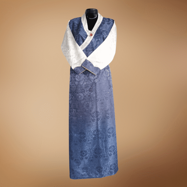 Steel blue jacquard one-piece bakhu with white attached wonju – full view
