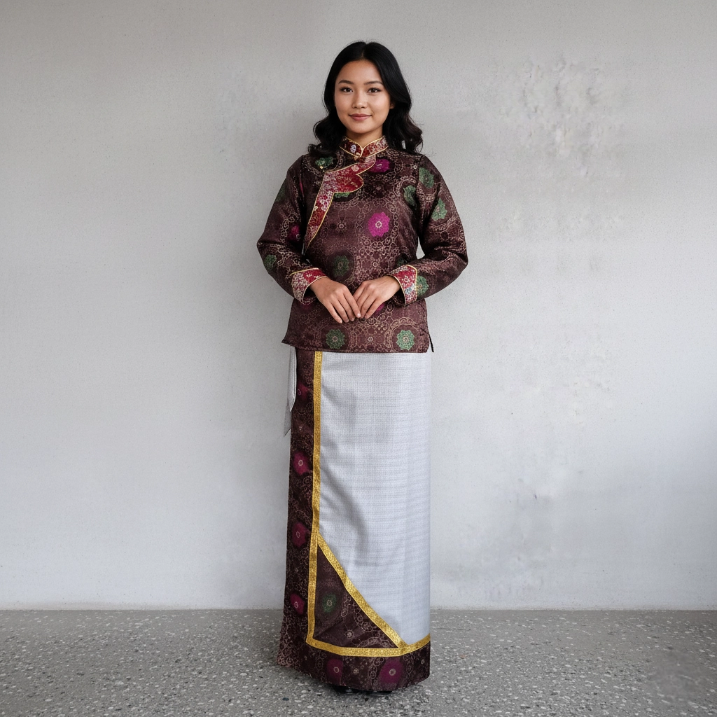 Woman in Maroon Tamang Khenja with grey wrapper
