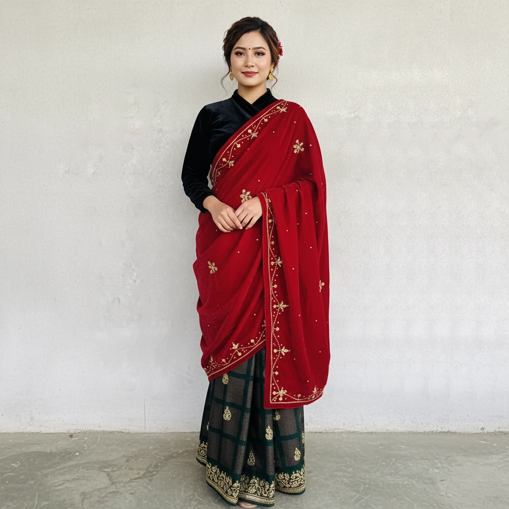 Woman in Red velvet ghalek shawl