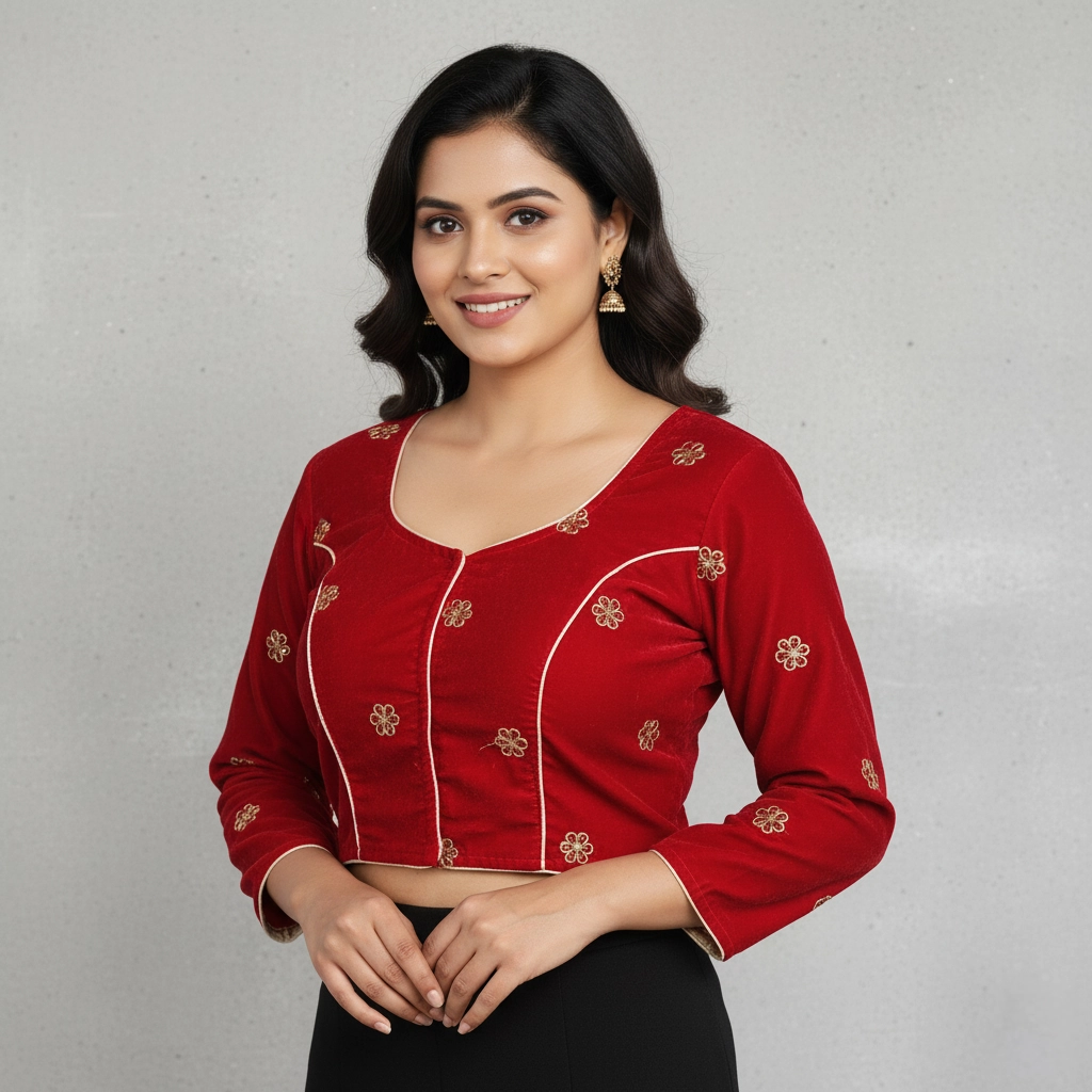 Woman wearing Bridal red velvet blouse with round neck