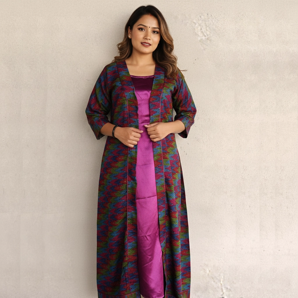 Woman wearing Magenta inner with open ikat gown