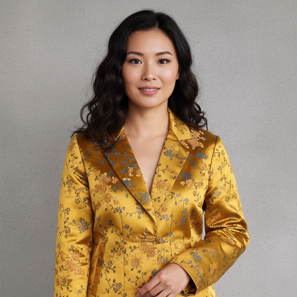 Woman wearing Mustard gold Kuchin coat with floral brocade
