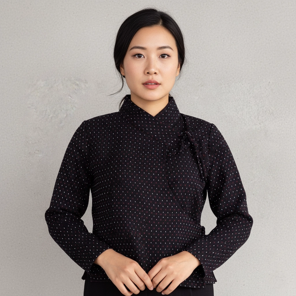 Woman wearing black dot patterned Chaubandi Cholo