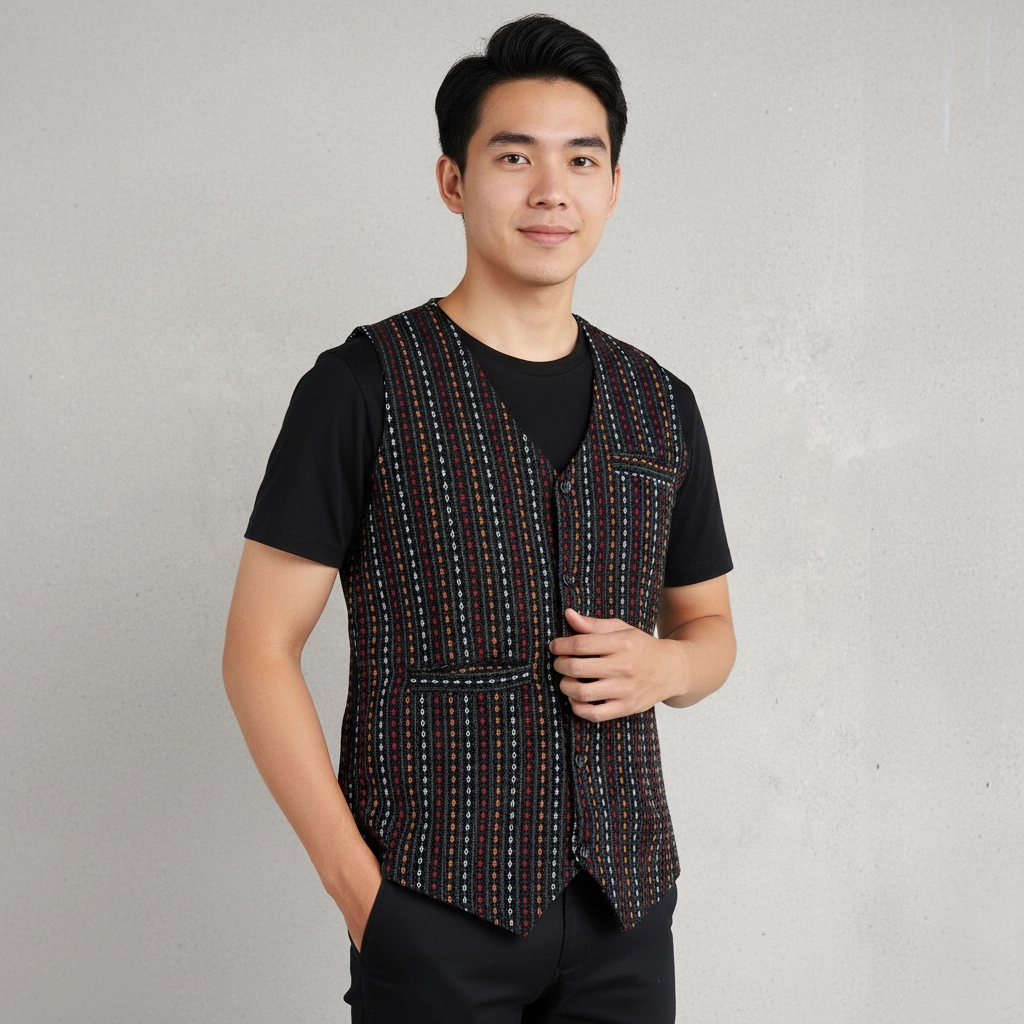 Young Man wearing Newari black striped waistcoat