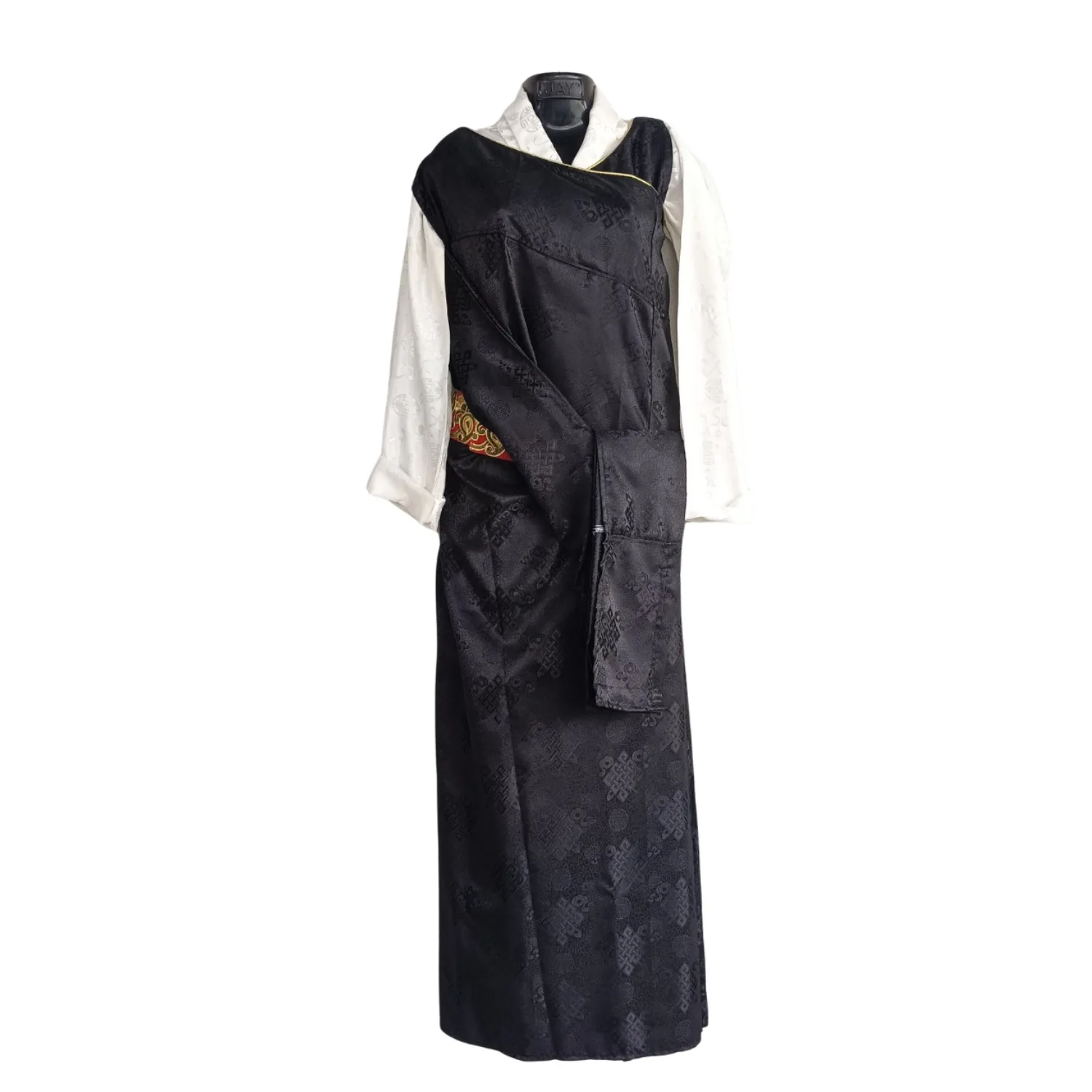 black Lepcha Gada wrap dress with brocade belt full front view