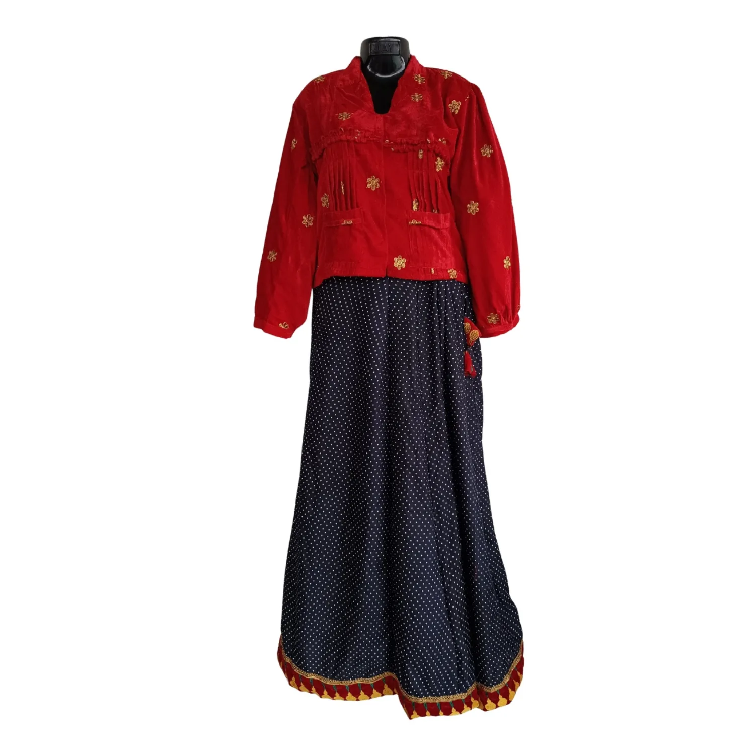 rai lehenga set red blouse navy dot skirt