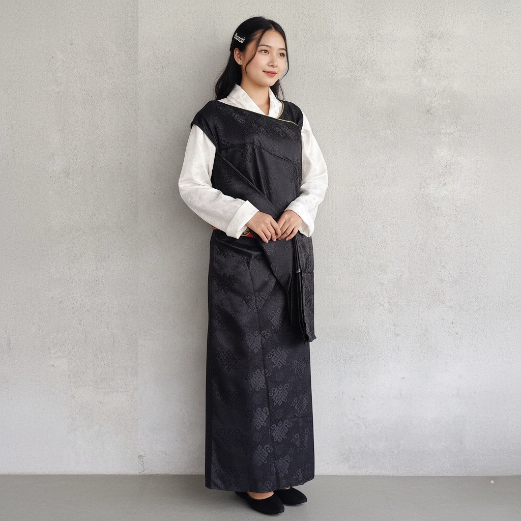Woman wearing black Lepcha Gada wrap dress with brocade belt