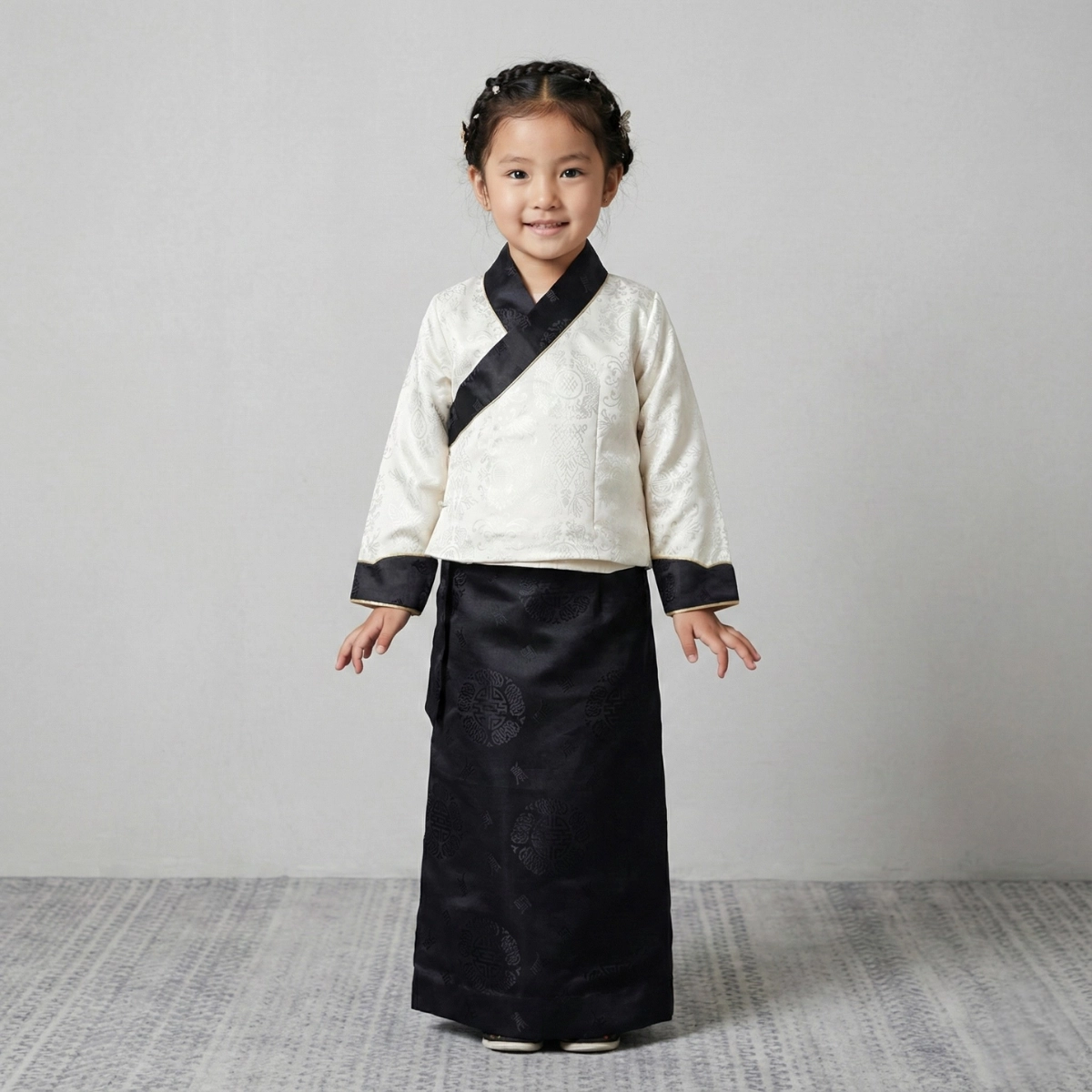 Girl kid wearing ivory bakhu with black border and black skirt