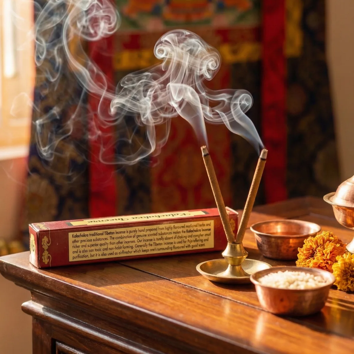 Kalachakra Incense back label with ingredients and ritual use description — hand-prepared Tibetan herbal blend