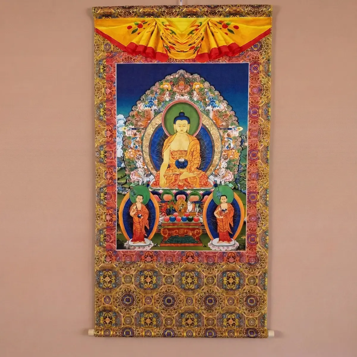 Shakyamuni Buddha printed Thangka — gold brocade scroll, lotus throne