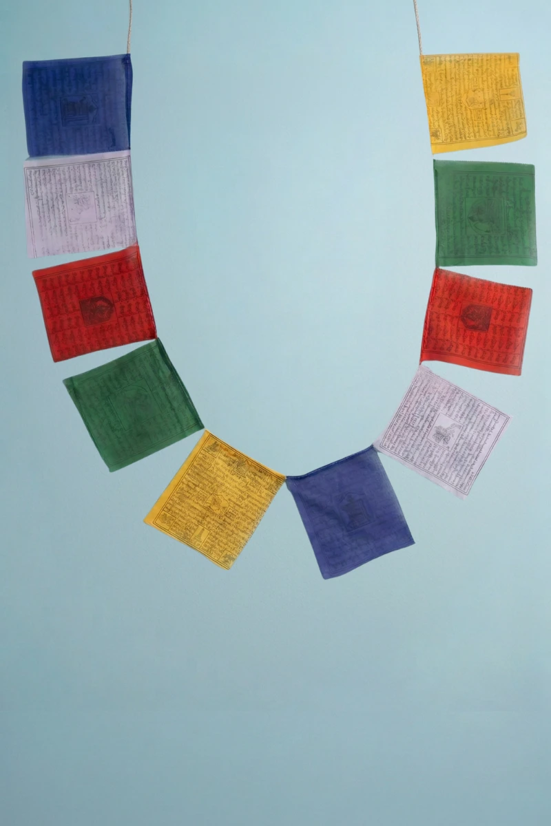 Tibetan prayer flags — large velvet set of 10 in five Lungta colours with traditional Wind Horse mantra text