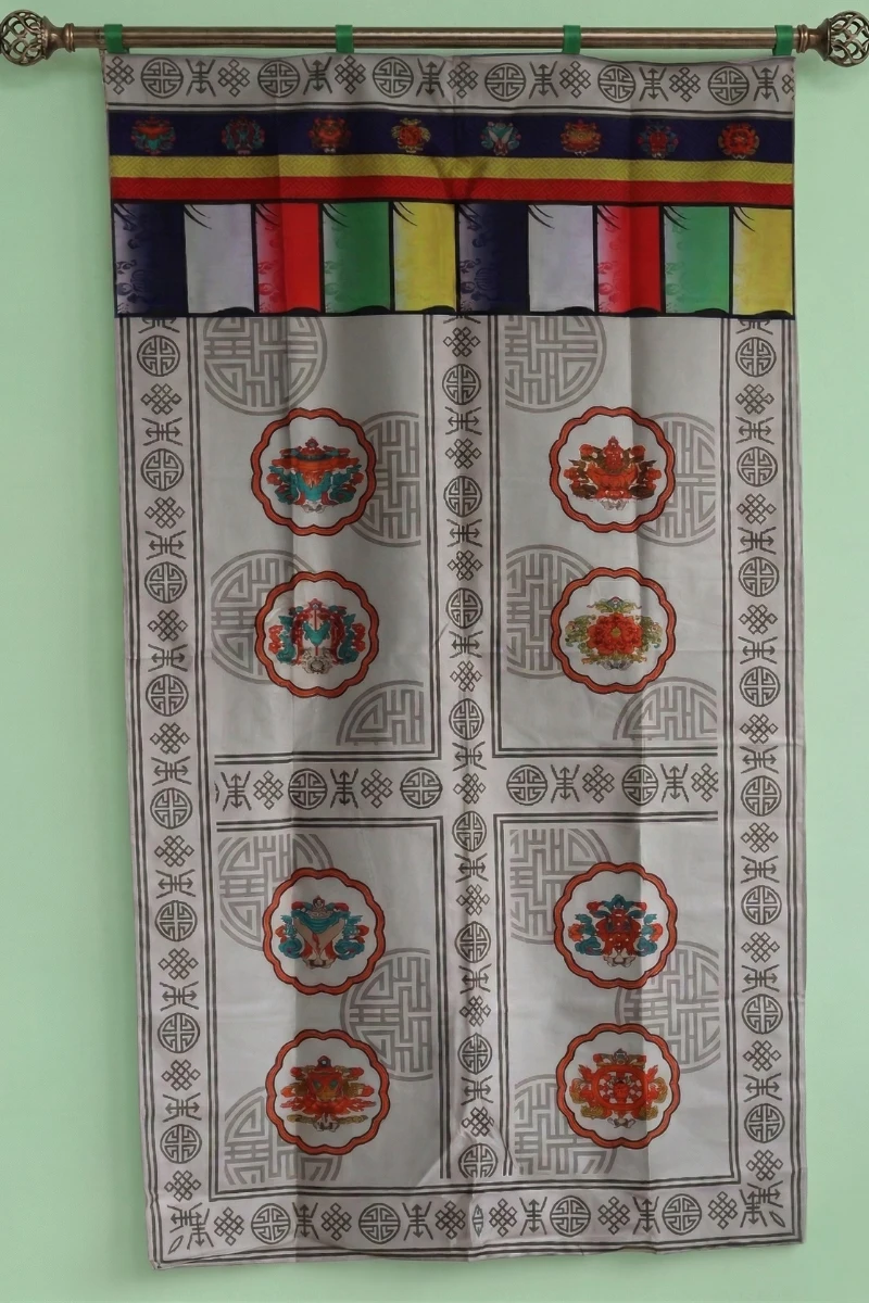 White Tibetan door curtain with Eight Auspicious Symbols medallions